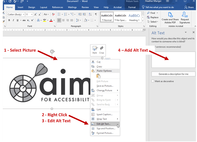 Visual representation of adding Alt text to images in a Word document